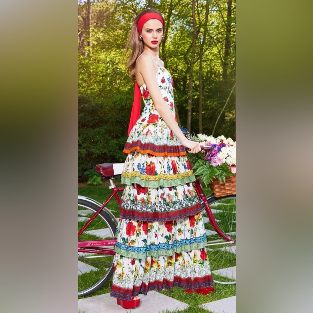 ALICE + OLIVIA Valencia Floral Tiered Maxi Dress Size 2 New
